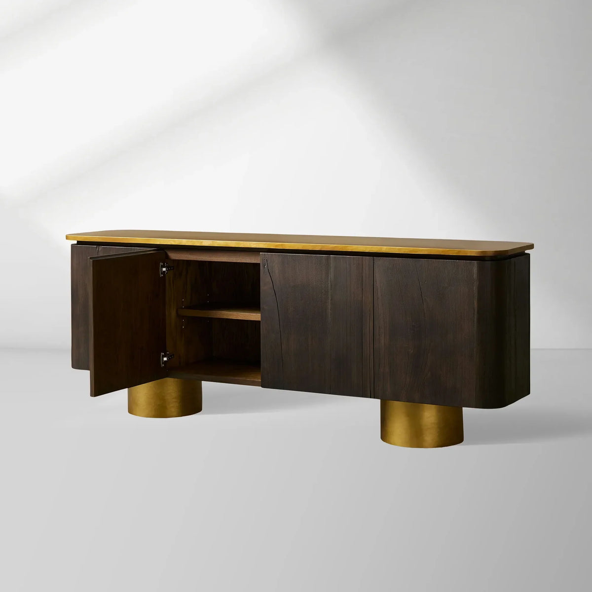 Neira Charred Walnut Sideboard with Aged Brass Legs Buffet Table Mid-Century Modern Living Room Entryways Cabinet