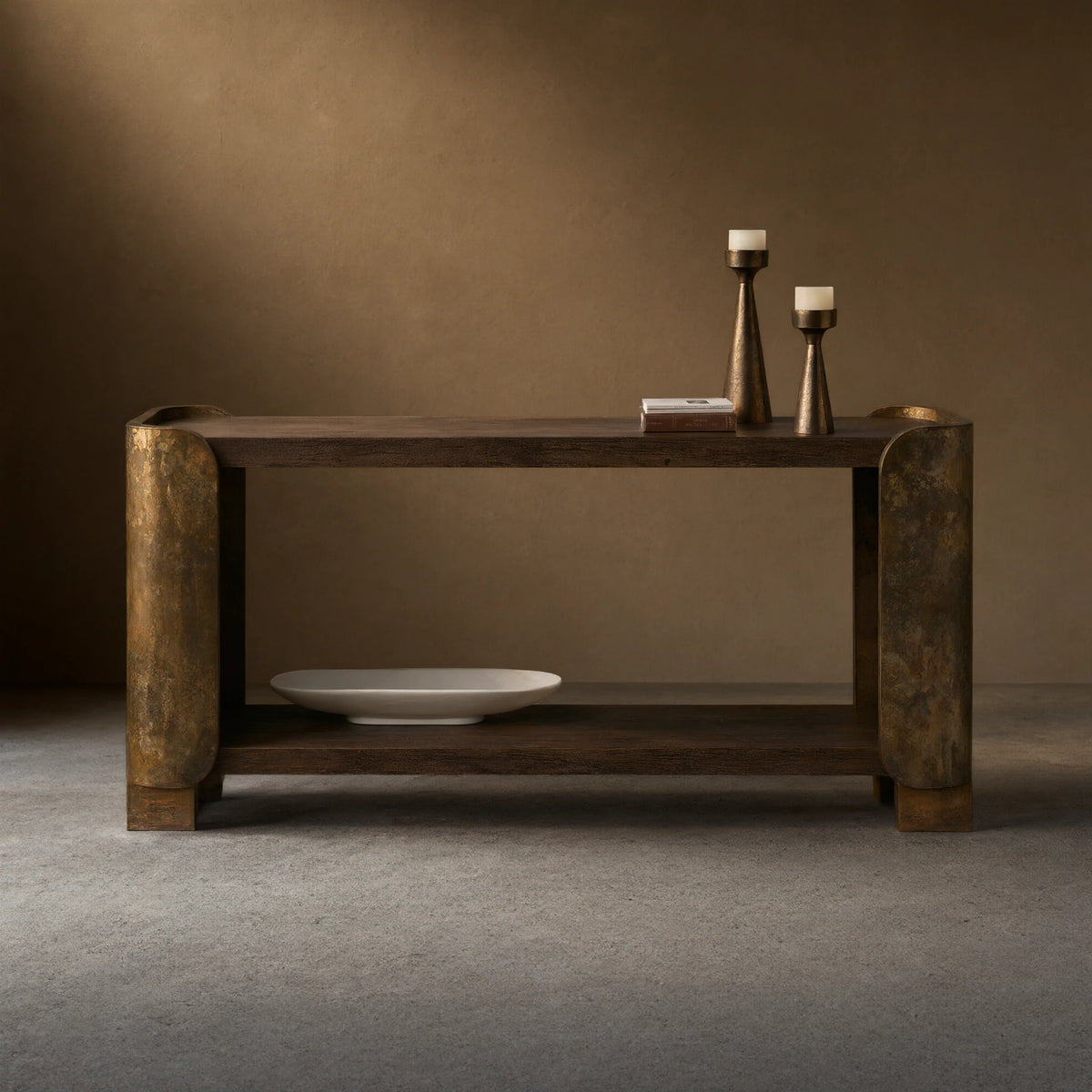 Alvaro Primavera Wood Entryway Console Table Oxidized Aluminum Hallway Entrance Table