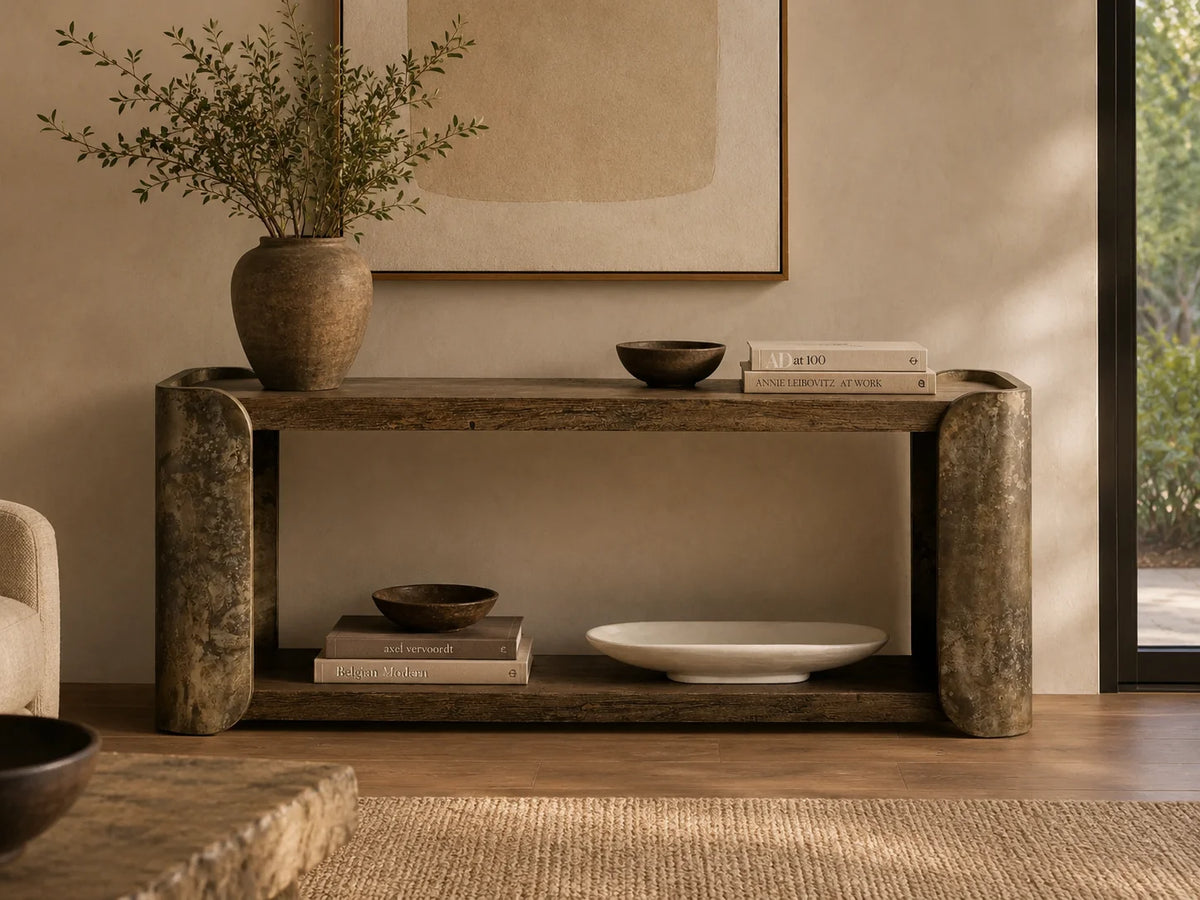 Alvaro Primavera Wood Entryway Console Table Oxidized Aluminum Hallway Entrance Table