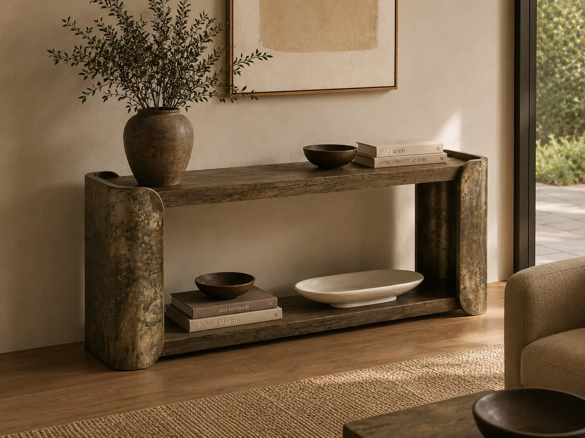 Alvaro Primavera Wood Entryway Console Table Oxidized Aluminum Hallway Entrance Table