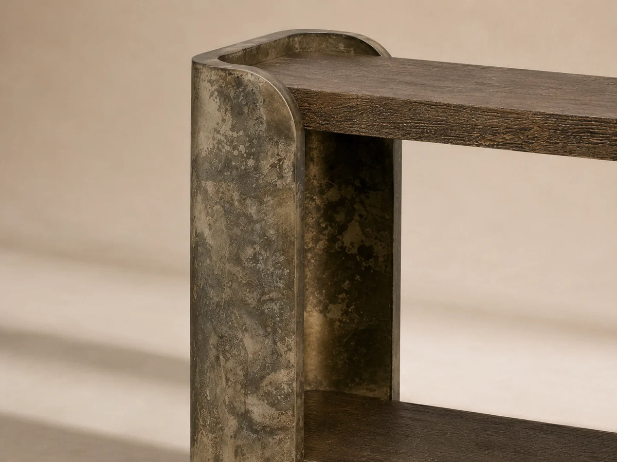 Alvaro Primavera Wood Entryway Console Table Oxidized Aluminum Hallway Entrance Table