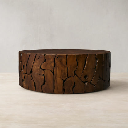 Kalmar Natural Teak Round Coffee Table Hand-Assembled Slices Cocktail Table Unique Living Room Center Tea Table