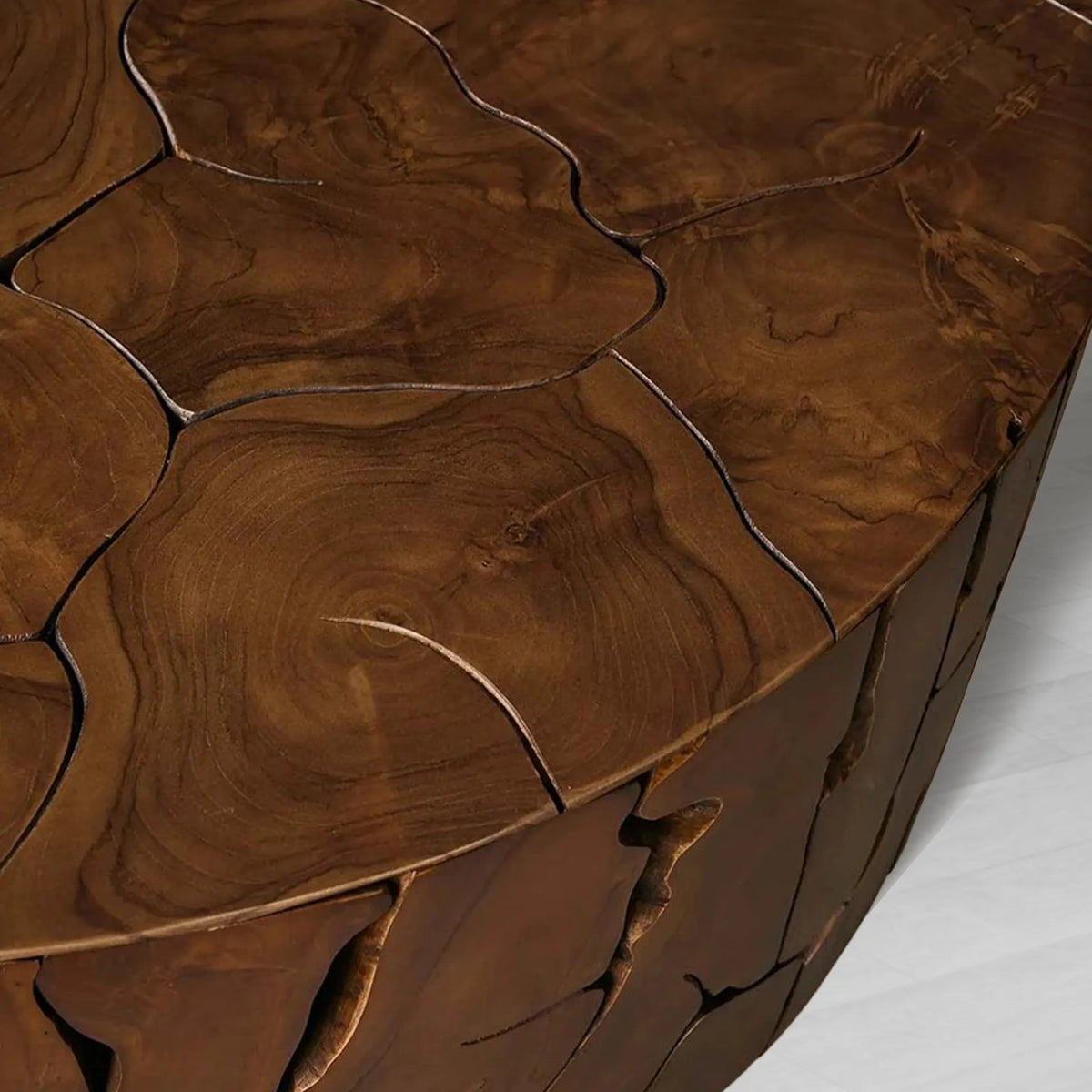 Kalmar Natural Teak Round Coffee Table Hand-Assembled Slices Cocktail Table Unique Living Room Center Tea Table