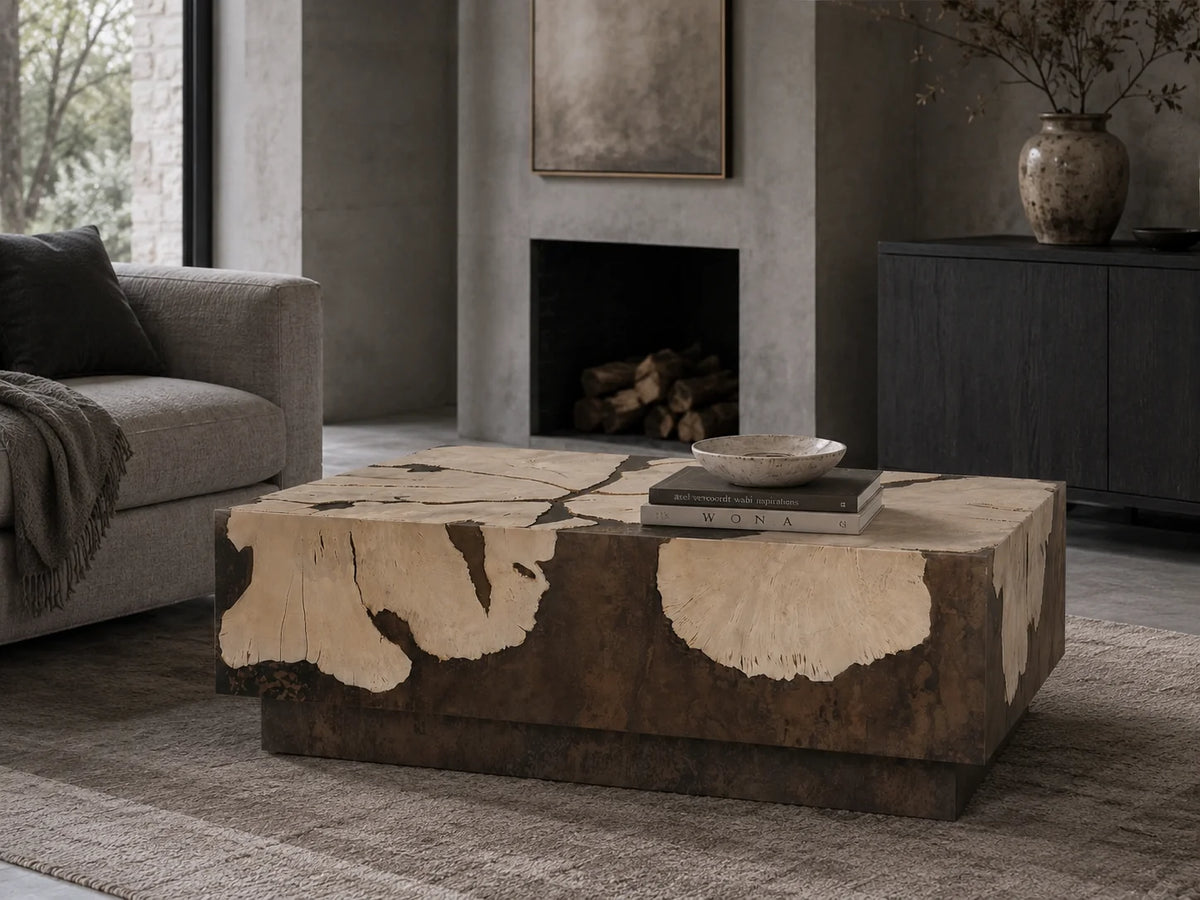Obra Salvaged Burl Coffee Table Living Room Steel Base Cocktail Table Wood Center Tea Table