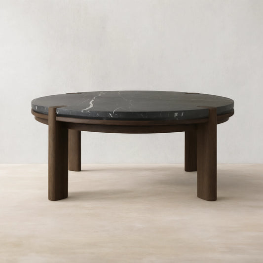Pyet Round Marble Top Coffee Table Oak Wood Base Cocktail Table Living Room Center Tea Table