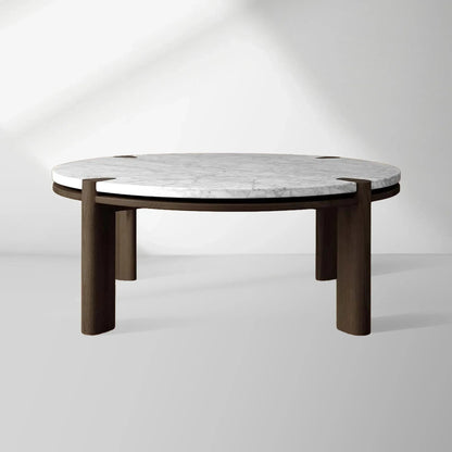 Pyet Round Marble Top Coffee Table Oak Wood Base Cocktail Table Living Room Center Tea Table