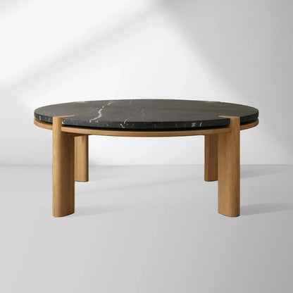 Pyet Round Marble Top Coffee Table Oak Wood Base Cocktail Table Living Room Center Tea Table