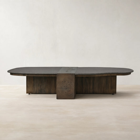 Nicco Lava Stone Top Coffee Table Wood Base Cocktail Table Living Room Luxury Center Tea Table