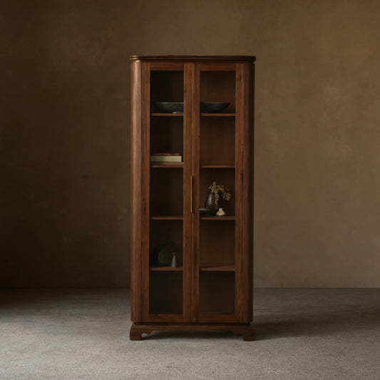 Caden Walnut Tall Display Cabinet Wood Curio Storage Cabinet Entryway China Cabinet Glass Door Bookcase