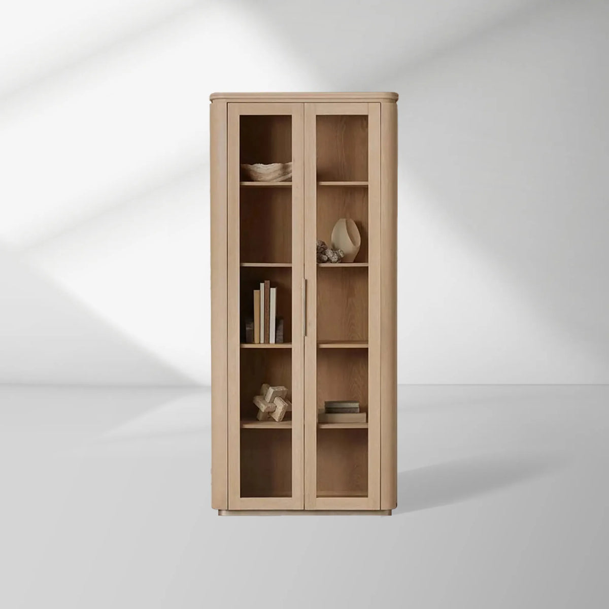 Caden Walnut Tall Display Cabinet Wood Curio Storage Cabinet Entryway China Cabinet Glass Door Bookcase