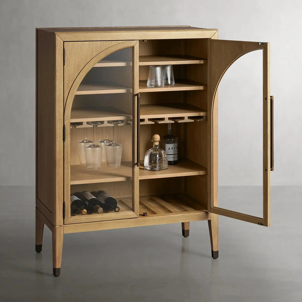 Hattie Wood Low Bar Cabinet Mid-century Modern Oak Wine cabinet