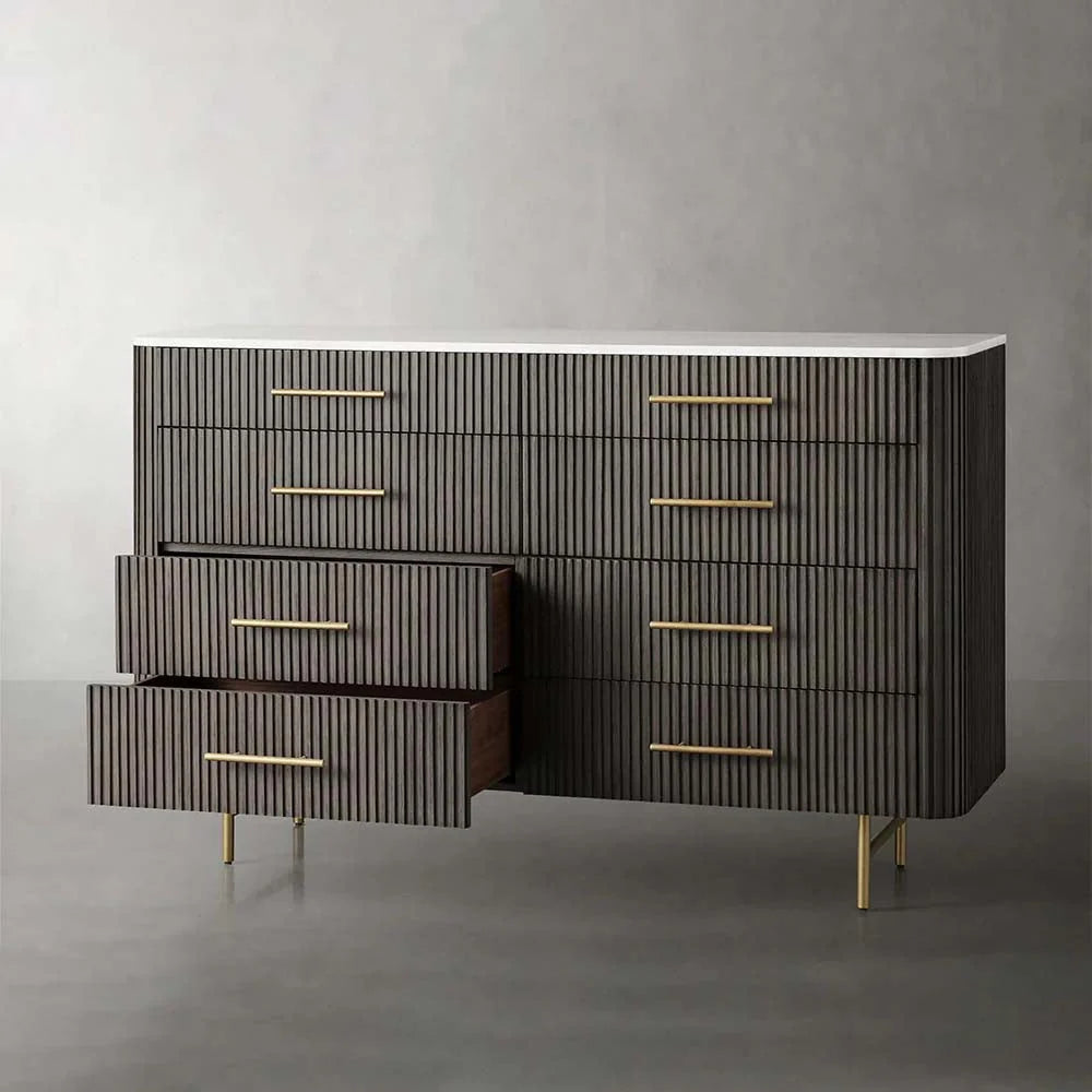Finnley Wood Eight-Drawer Dresser with Marble or Bluestone Top Rural Chest Of 8 Drawers Cabinet
