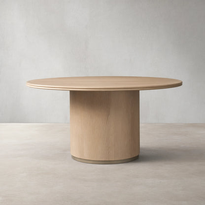 Caden Round Wood Dining Table with Sculptural Base & Antiqued Metal Plinth