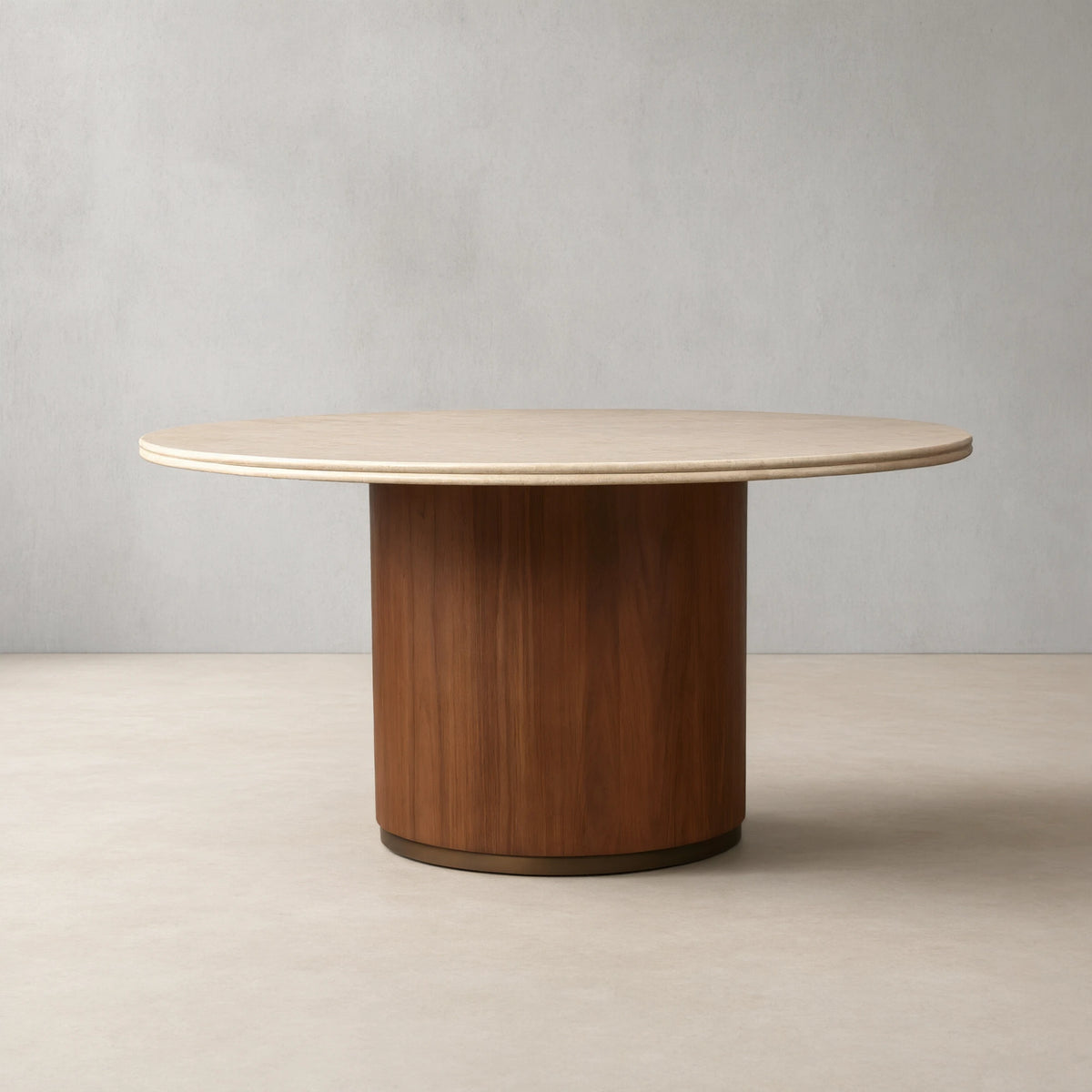 Caden Stone Top Round Dining Table in Walnut or Oak with Sculptural Base