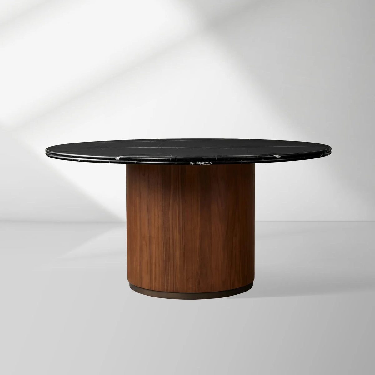 Caden Stone Top Round Dining Table in Walnut or Oak with Sculptural Base