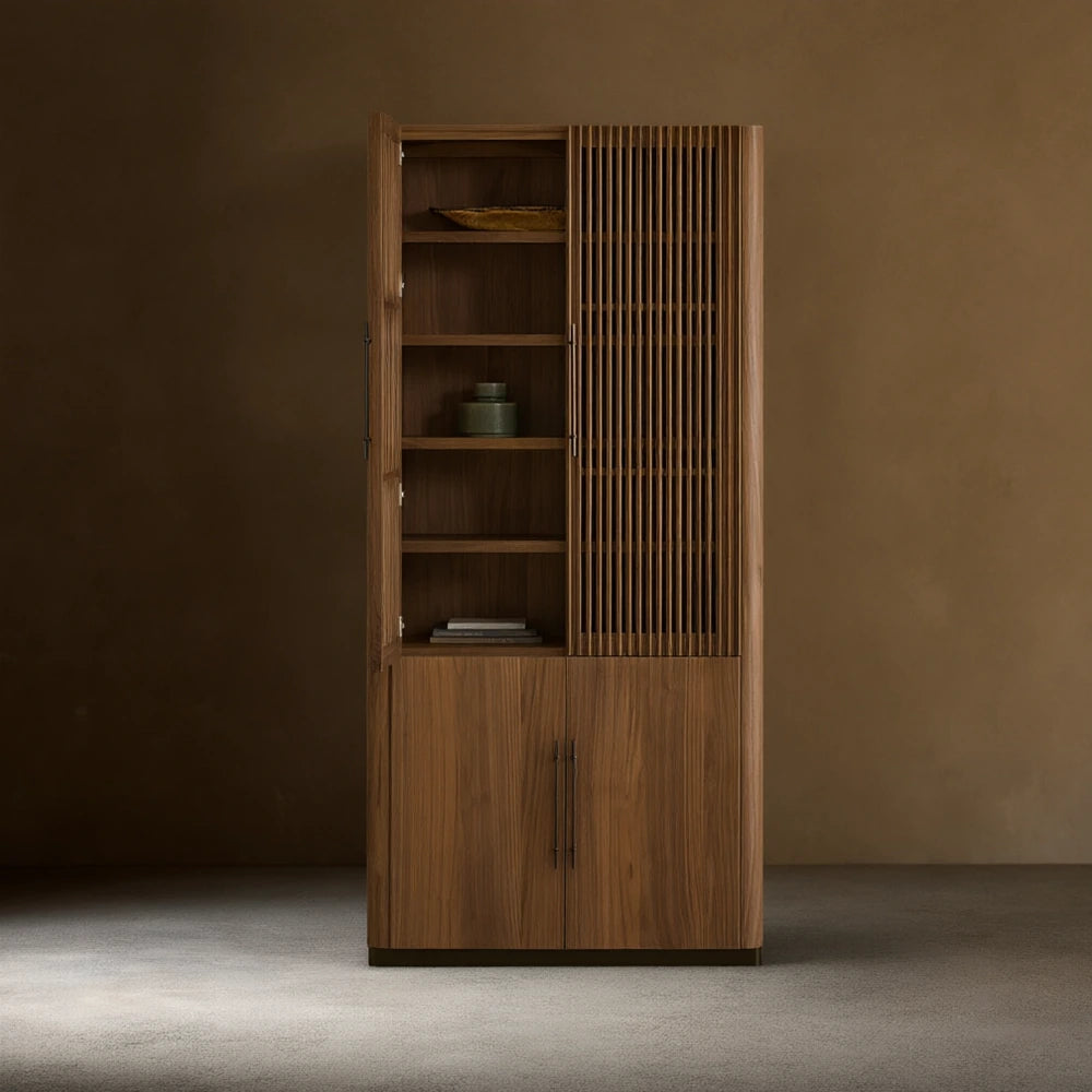 Piermont Modular Reeded Tall Display Cabinet Black Walnut Bookcase with Bronze Plinth Base