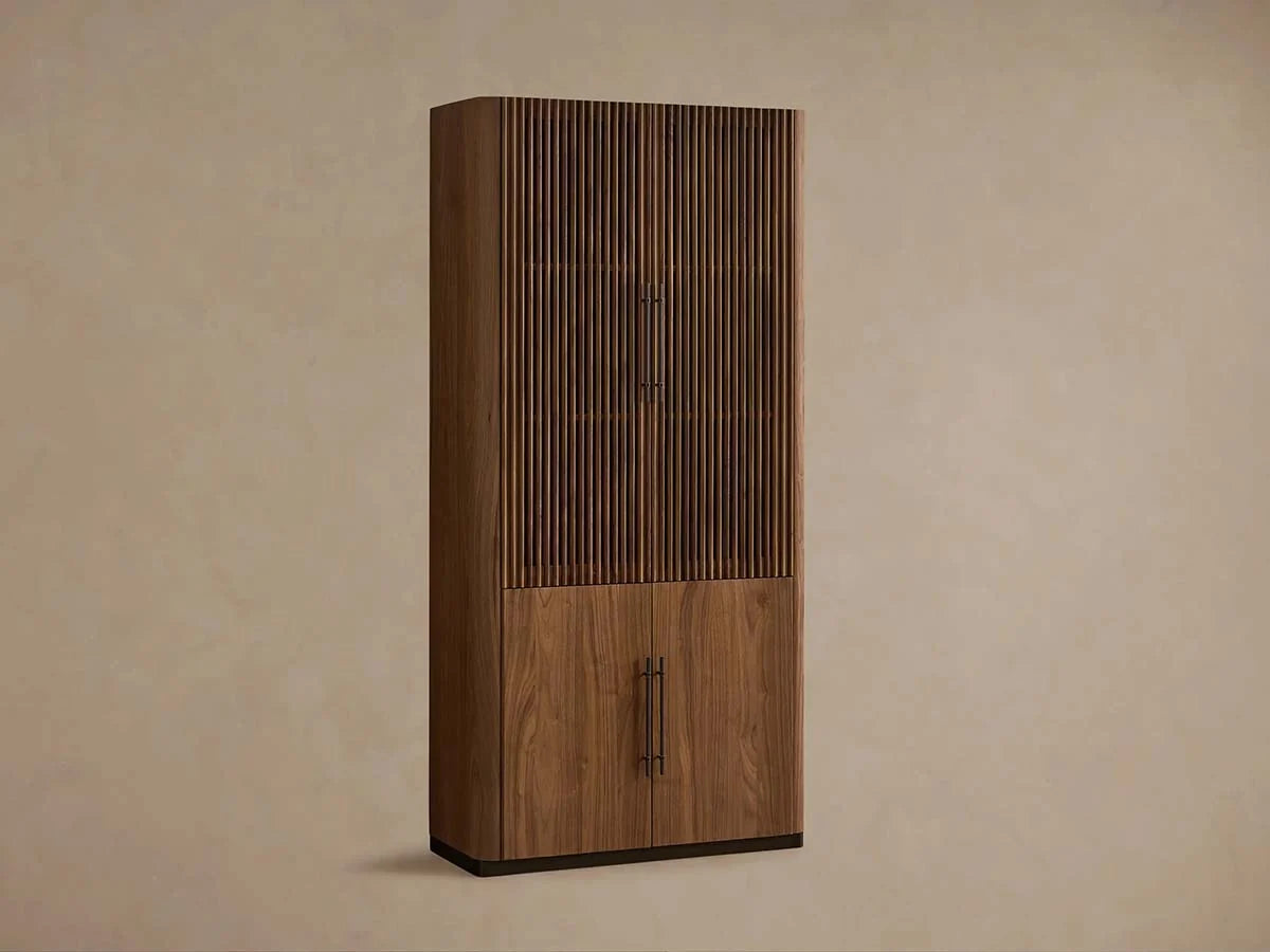 Piermont Modular Reeded Tall Display Cabinet Black Walnut Bookcase with Bronze Plinth Base