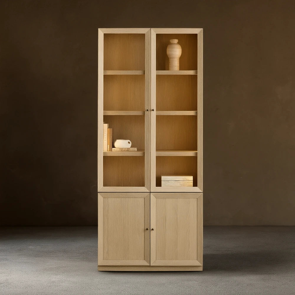 Nason Modular Glass Display Cabinets Oak Wood Tall Cabinets Large Bookcase with Integrated LED Lighting