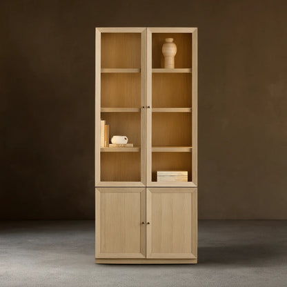 Nason Modular Glass Display Cabinets Oak Wood Tall Cabinets Large Bookcase with Integrated LED Lighting
