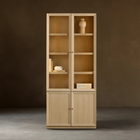 Nason Modular Glass Display Cabinets Oak Wood Tall Cabinets Large Bookcase with Integrated LED Lighting