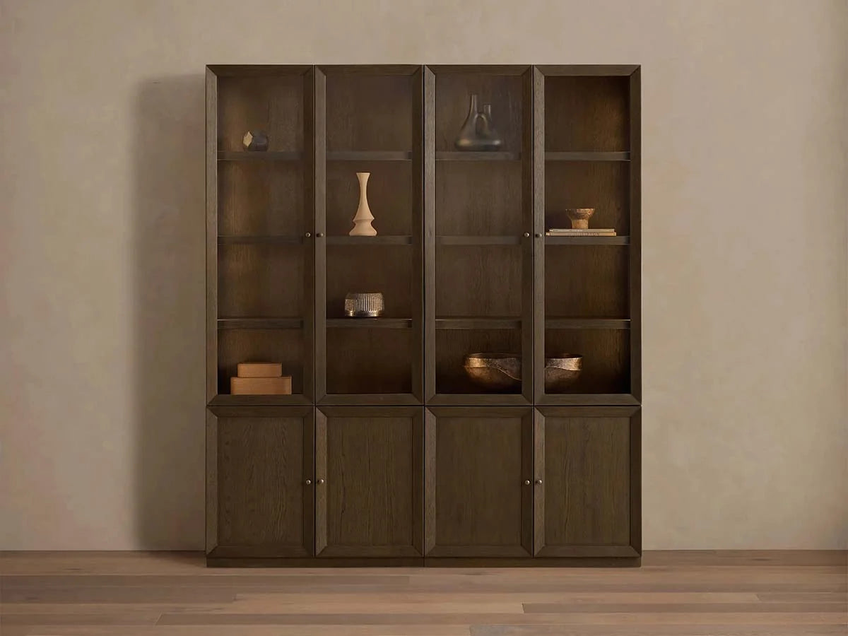 Nason Modular Glass Display Cabinets Oak Wood Tall Cabinets Large Bookcase with Integrated LED Lighting