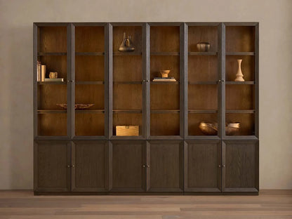 Nason Modular Glass Display Cabinets Oak Wood Tall Cabinets Large Bookcase with Integrated LED Lighting