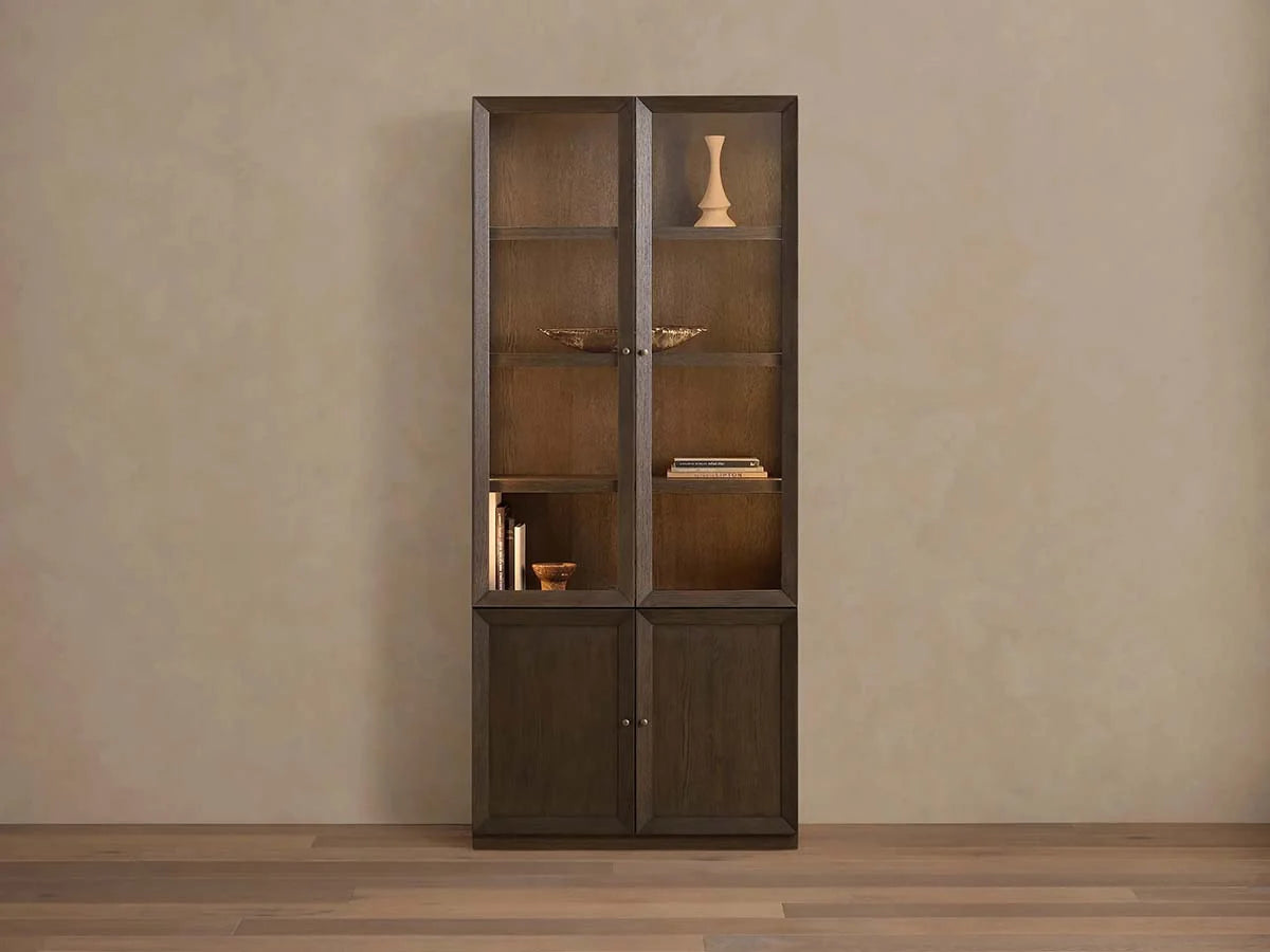 Nason Modular Glass Display Cabinets Oak Wood Tall Cabinets Large Bookcase with Integrated LED Lighting