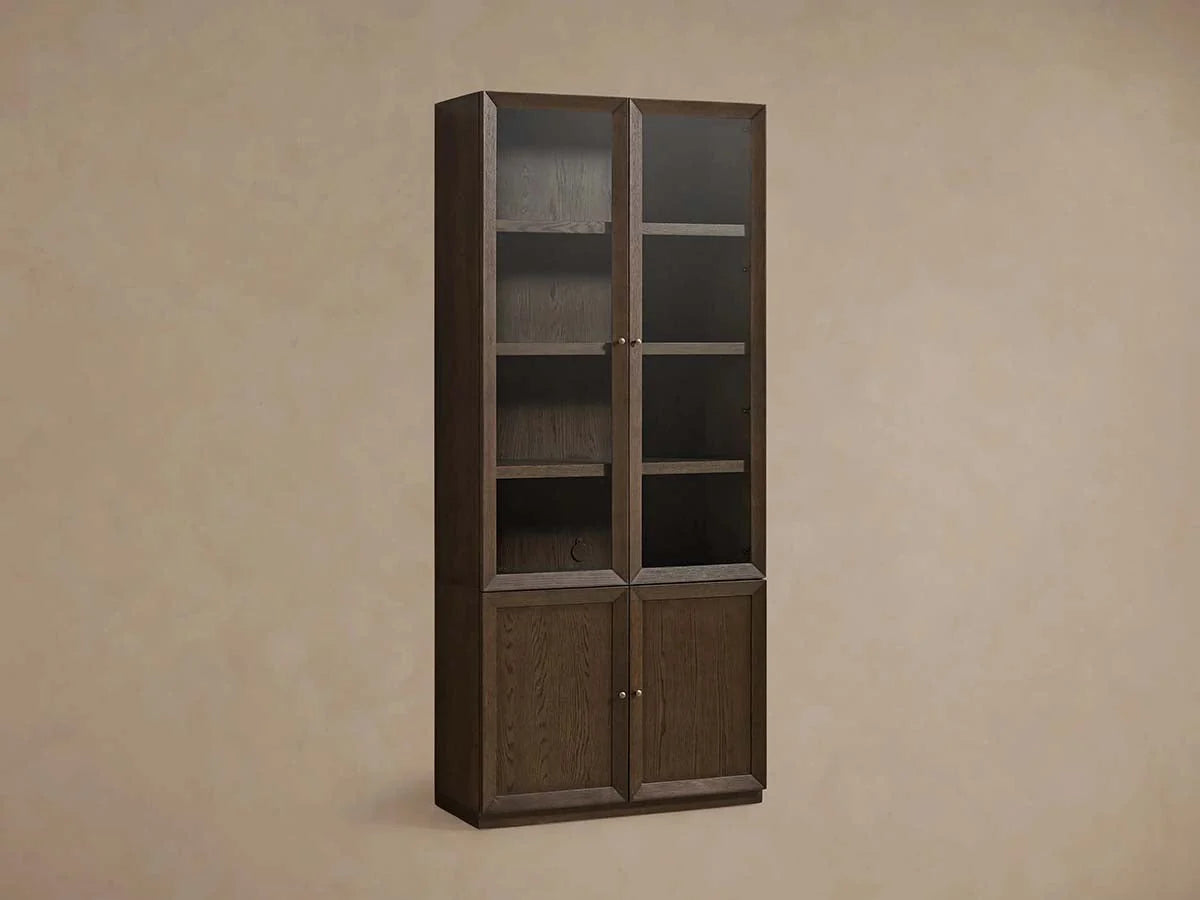 Nason Modular Glass Display Cabinets Oak Wood Tall Cabinets Large Bookcase with Integrated LED Lighting
