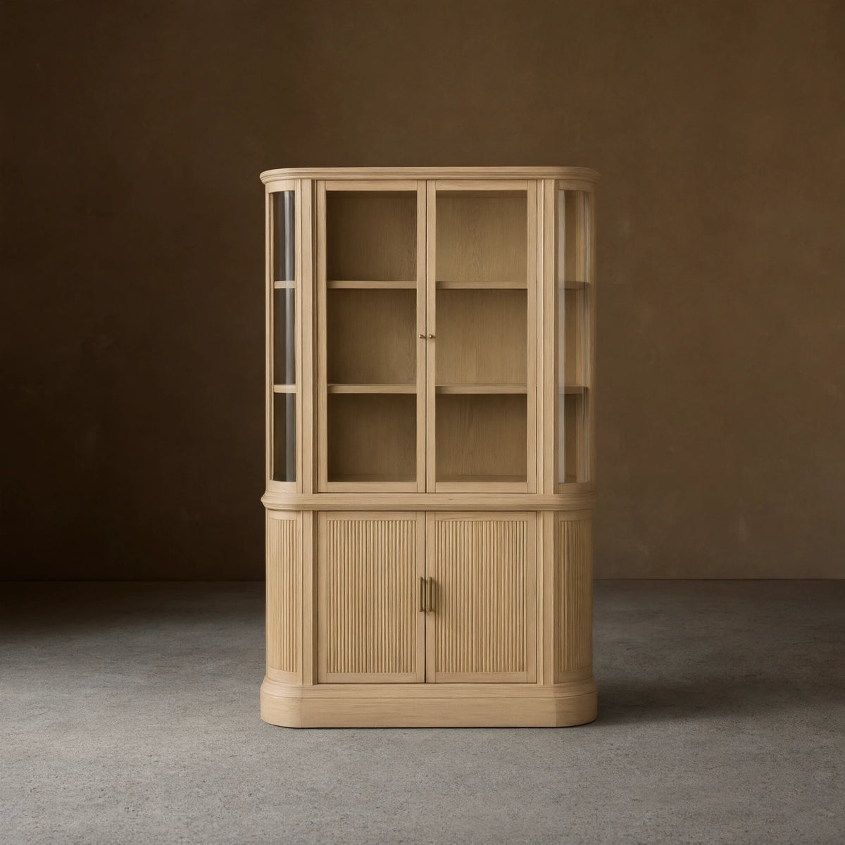 Coventry Reeded Detailing Glass Tall Display Cabinets White Oak Dining Room Side Cabinet with LED Lighting