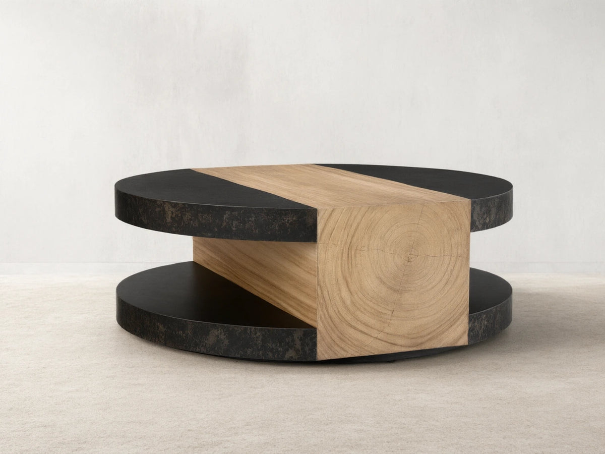 Modern Sculptural Guanacaste Wood & Oxidized Steel Round Coffee Table