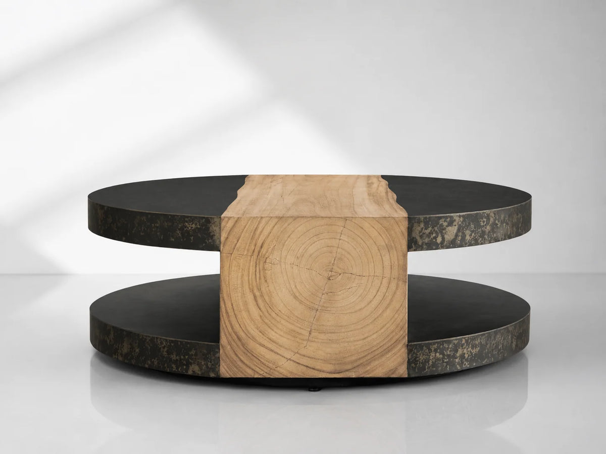 Modern Sculptural Guanacaste Wood & Oxidized Steel Round Coffee Table