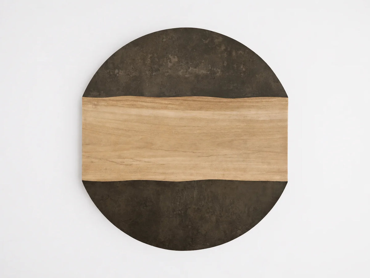 Modern Sculptural Guanacaste Wood & Oxidized Steel Round Coffee Table