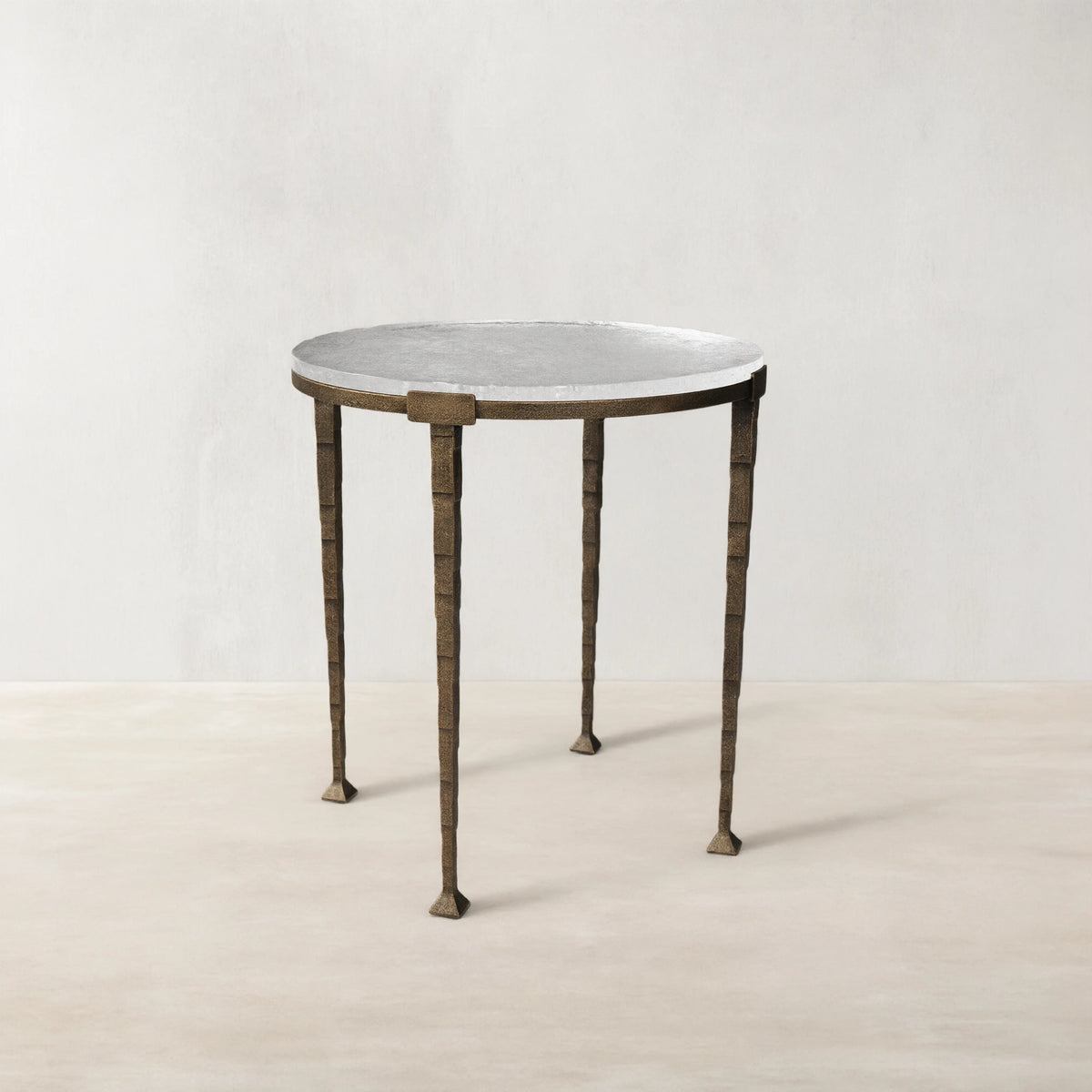 Sculptural Antique Brass Side Table with Hammered Metal Frame and Acrylic Top