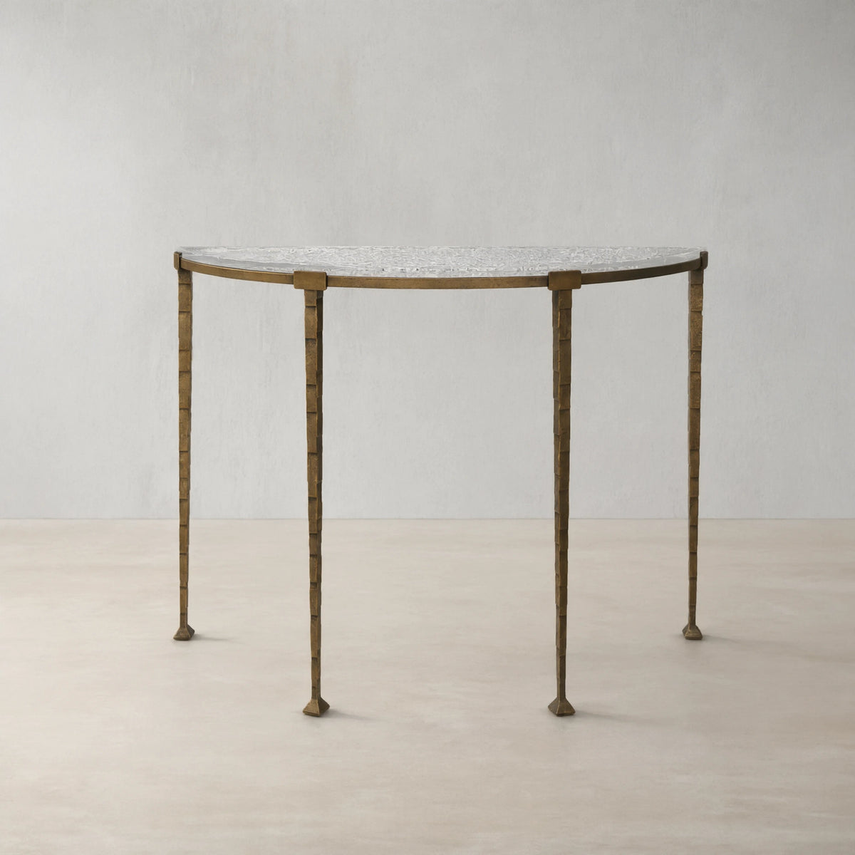 Sculptural Antique Brass Console Table with Hammered Metal Frame and Acrylic Top
