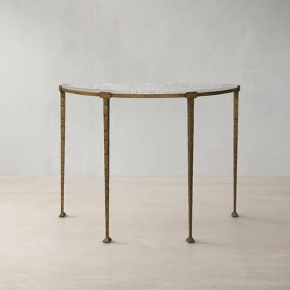 Sculptural Antique Brass Console Table with Hammered Metal Frame and Acrylic Top