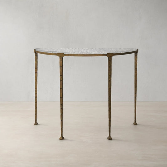 Sculptural Antique Brass Console Table with Hammered Metal Frame and Acrylic Top