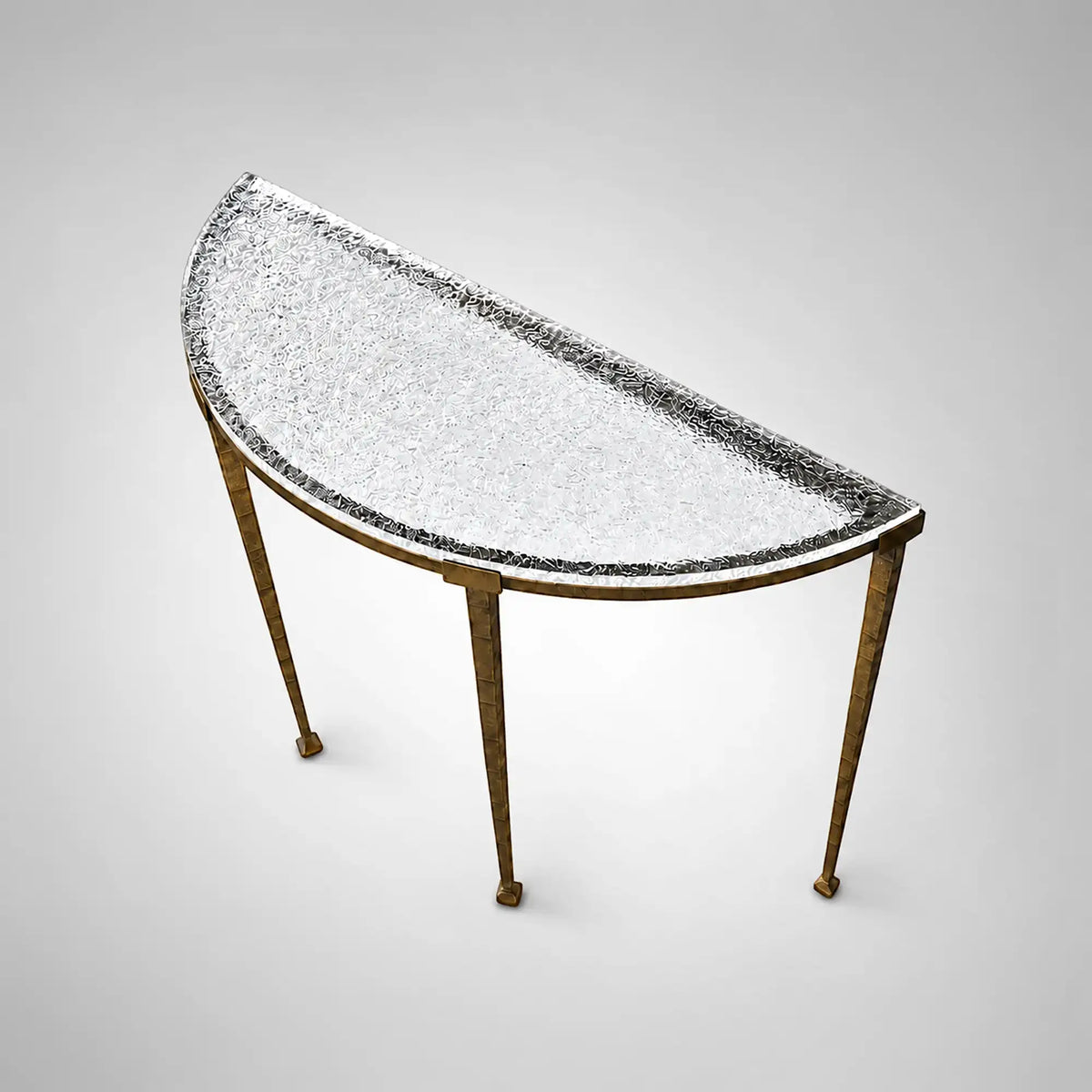 Sculptural Antique Brass Console Table with Hammered Metal Frame and Acrylic Top