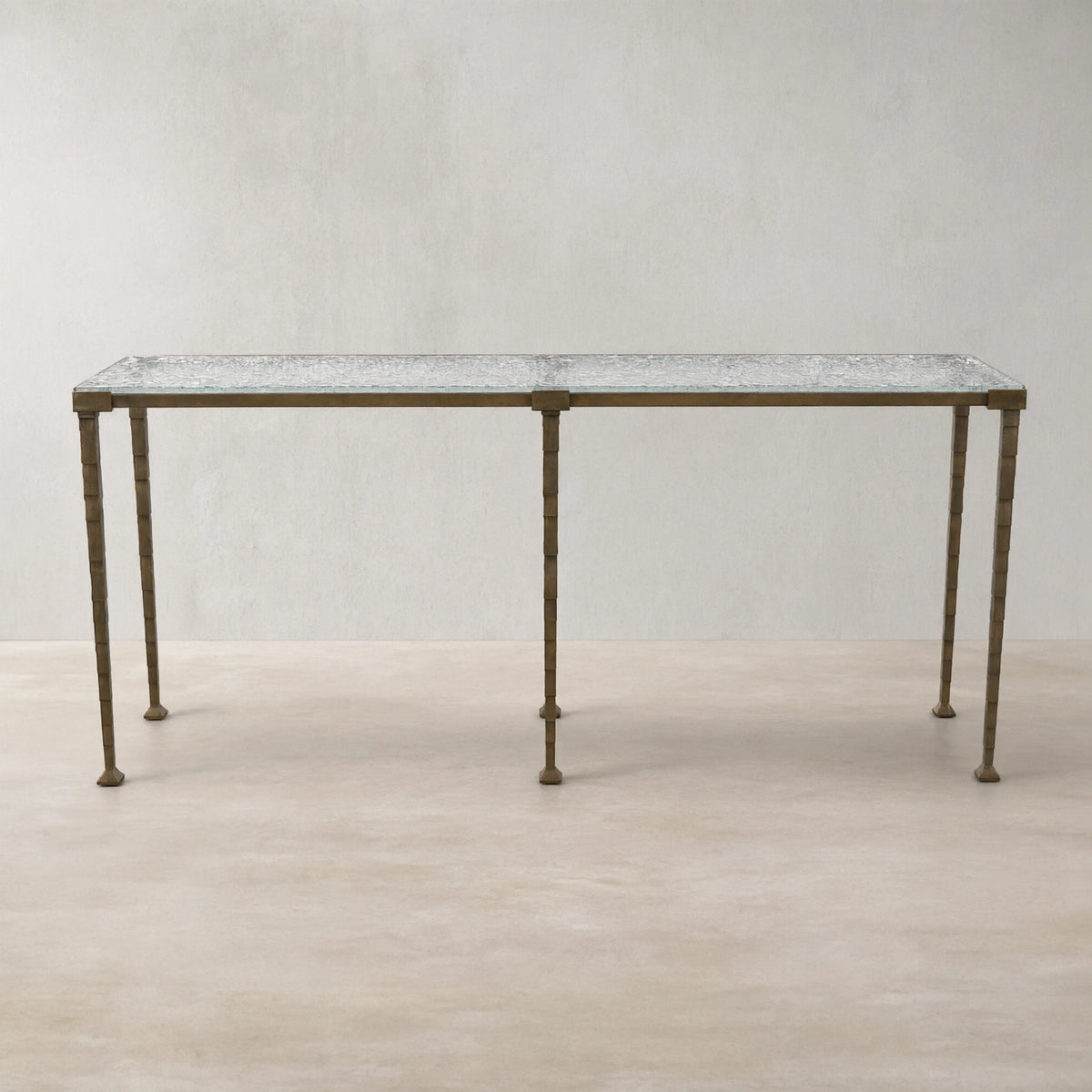 Sculptural Antique Brass Console Table with Hammered Metal Finish and Acrylic Top