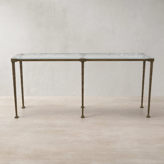 Sculptural Antique Brass Console Table with Hammered Metal Finish and Acrylic Top