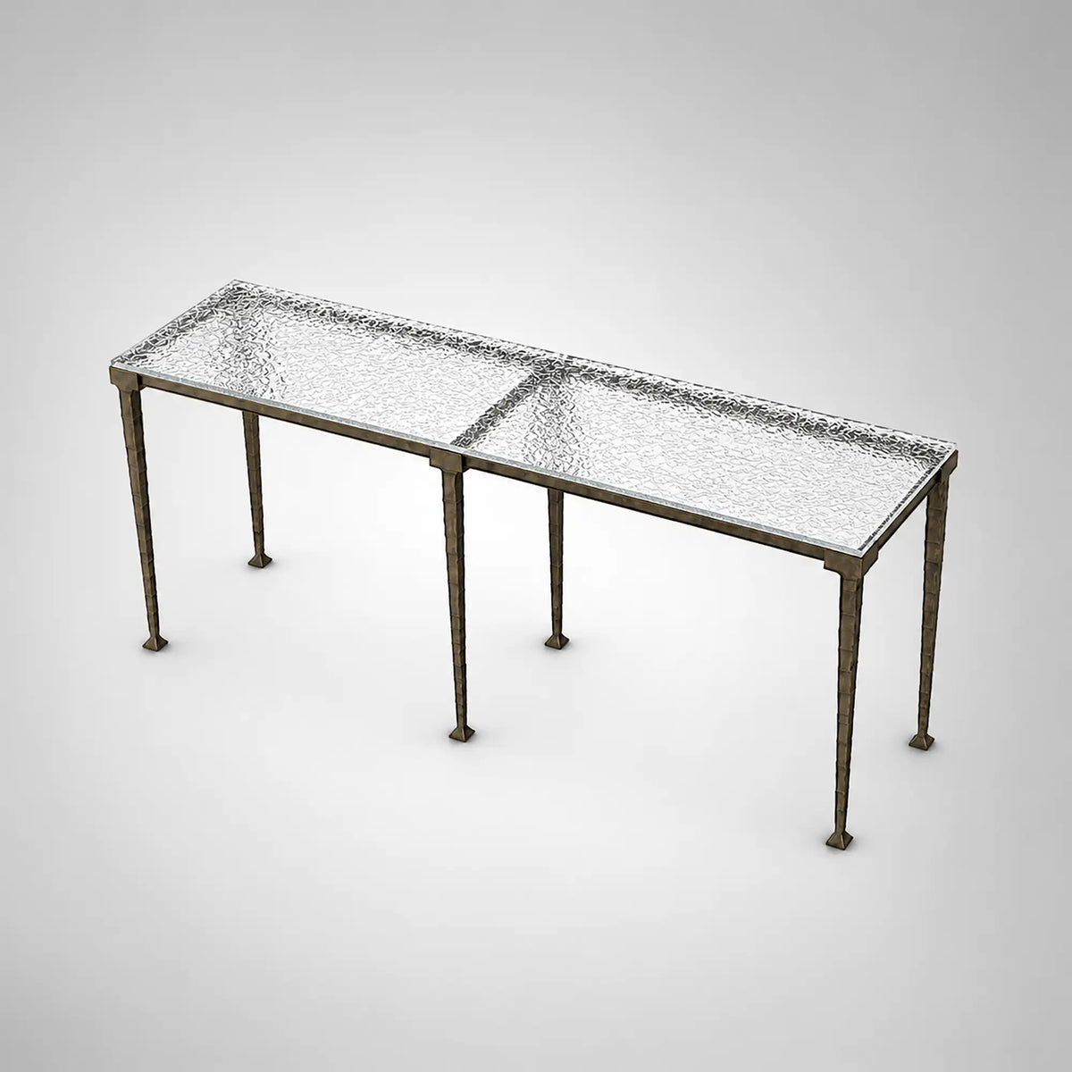Sculptural Antique Brass Console Table with Hammered Metal Finish and Acrylic Top