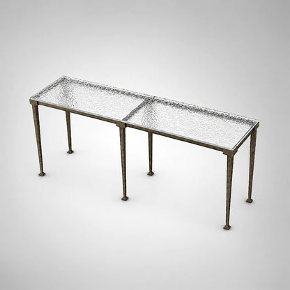 Sculptural Antique Brass Console Table with Hammered Metal Finish and Acrylic Top