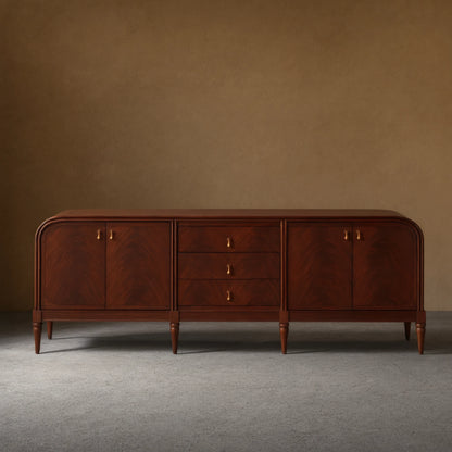 Frances Curved Mahogany Sideboard with Drawers and Brass Hardware