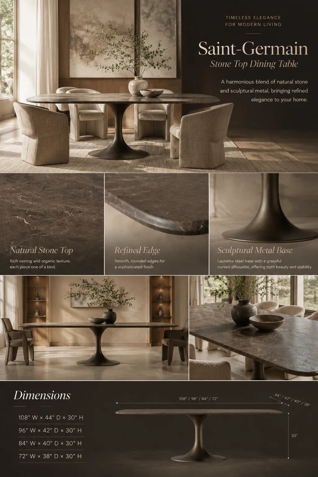 Saint Germain Stone Top Dining Table with Launette Steel Base