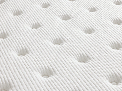 Plush mattress with a soft, quilted cotton cover, featuring visible stitching and "Zarevium" branding. Placed on a light wooden bed frame with a beige headboard, in a neutral setting.