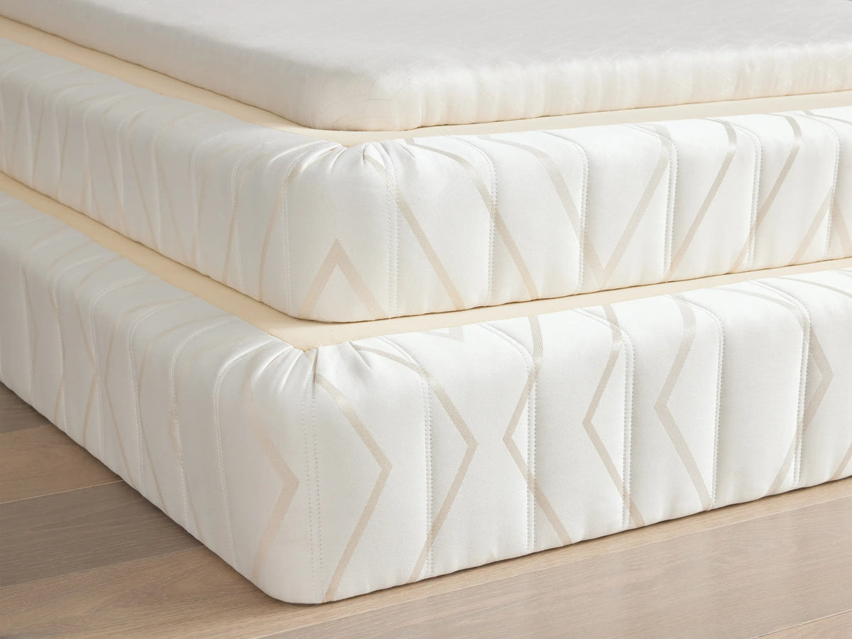 Luxury 2” Platform with a soft upholstered finish, featuring subtle geometric patterns. Placed on a wooden floor.