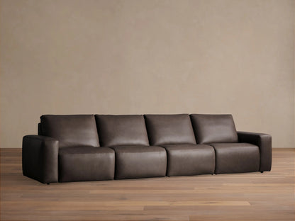 Brennan Four-Piece Motion Sectional in dark brown leather, full front view, on a light wood floor against a neutral wall.