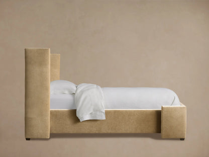 Wyller Channel-Stitched Twin Bed headboard: close-up of light brown, vertically upholstered fabric with channel stitching.