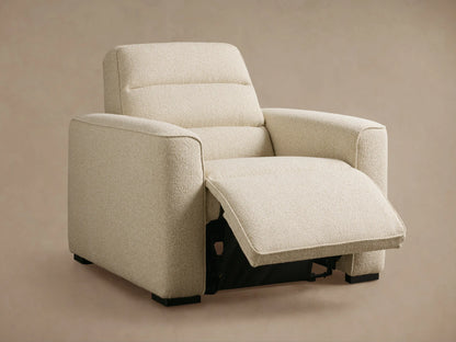 Rear view of the cream textured Borough Motion Recliner, showing its square back and block arms.