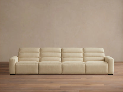 Front view of the cream Borough Four-Piece Motion Sectional with horizontally stitched backrests.
