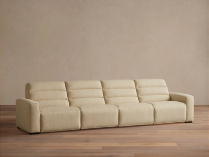 Front view of the cream Borough Four-Piece Motion Sectional with horizontally stitched backrests.